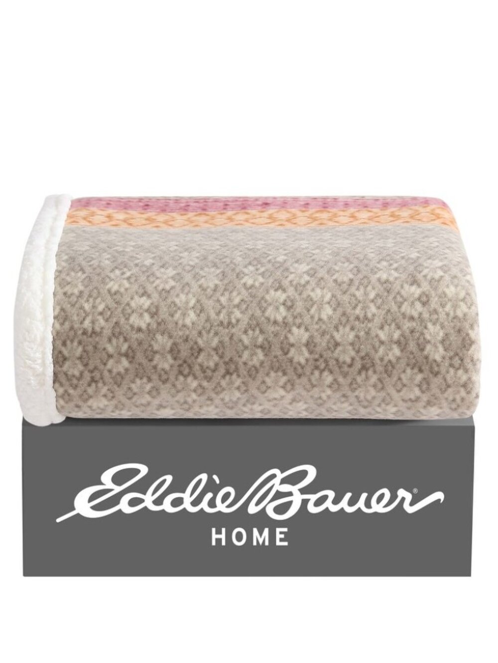 NWT Eddie Bauer Fair Isle, Khaki, Sherpa Reverse Oversized Throw, 50" W x 70" L